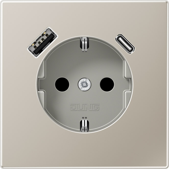 Розетка USB A+C с электрической розеткой LS 990 USB type-C 5V, USB type-A 5V, Электр. с USB, двойная, цвет - нержавеющая сталь